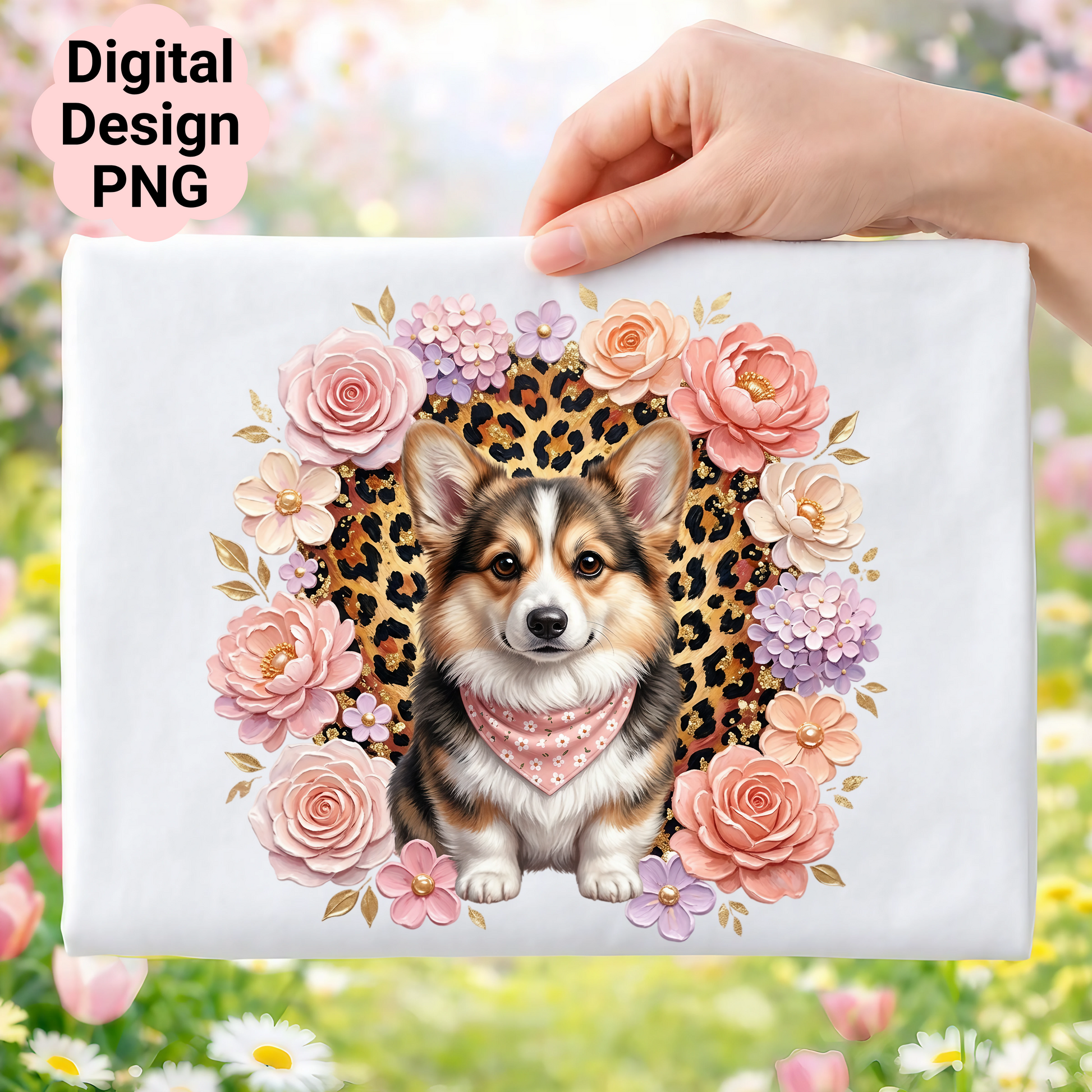 Corgi dog surrounded by flowers and leopard print design.
