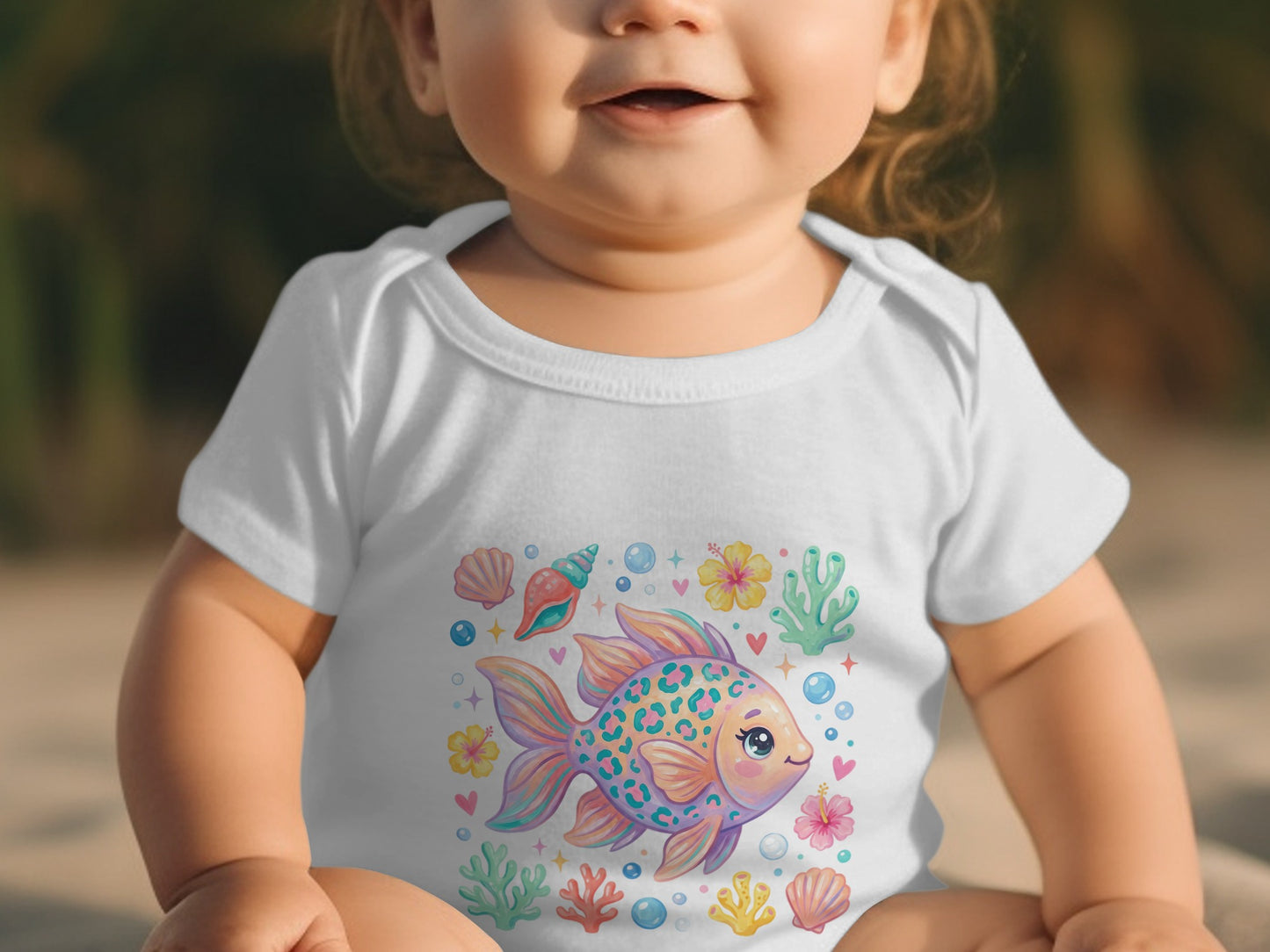 Baby in white bodysuit with colorful fish and ocean graphics.