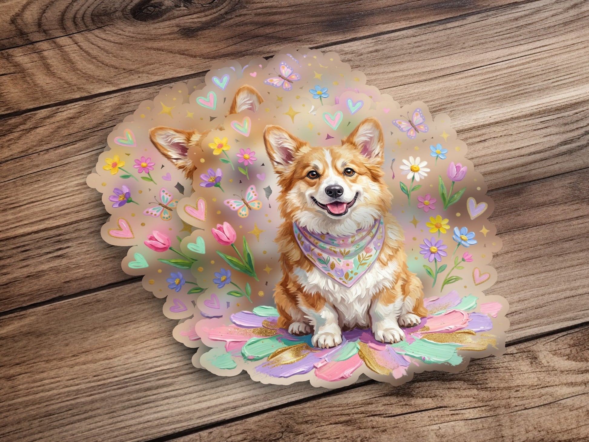 Smiling corgi wearing a bandana on a floral background with butterflies.
