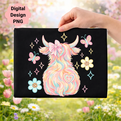 Highland cow with flowers and butterflies on black background.