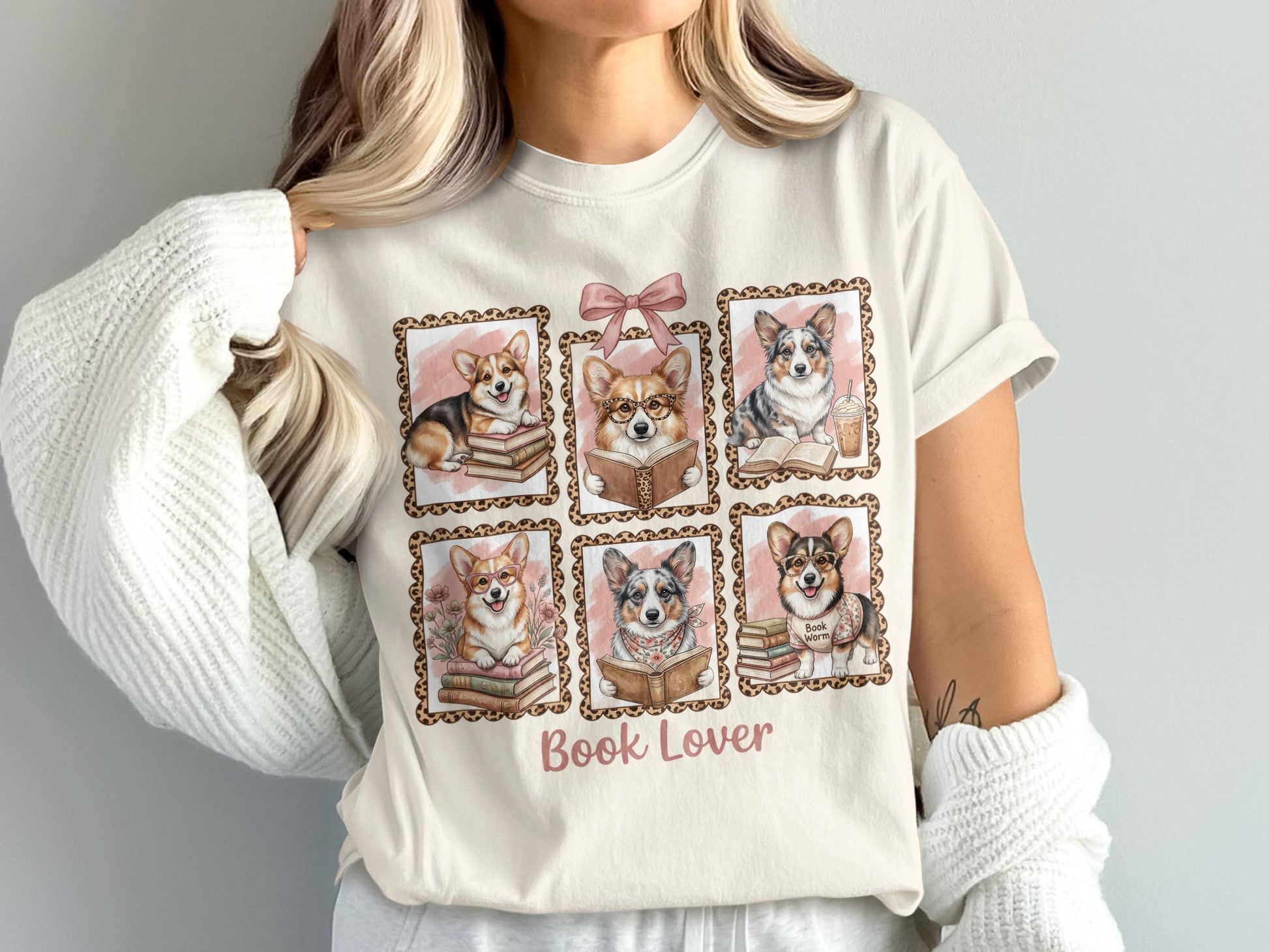Six framed corgis reading books with "Book Lover" text.