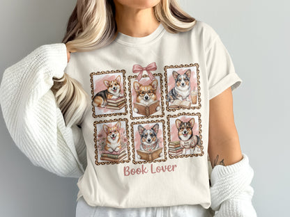 Six framed corgis reading books with "Book Lover" text.