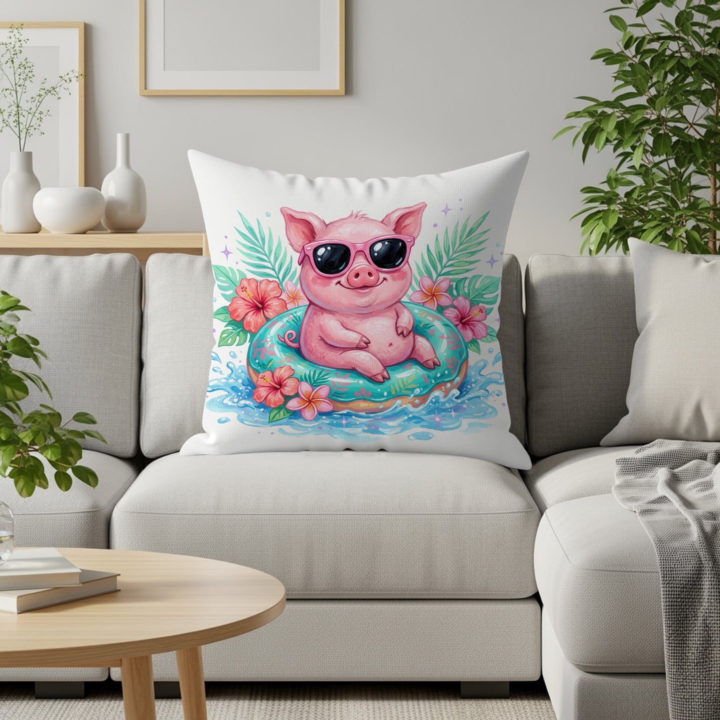 Cute cartoon pig wearing sunglasses floats on a pool float.