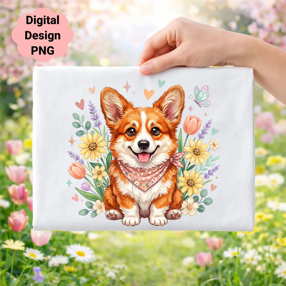 Corgi with bandana and flowers, digital design PNG.