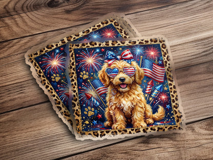 Golden doodle dog wearing heart-shaped sunglasses with fireworks and American flags.
