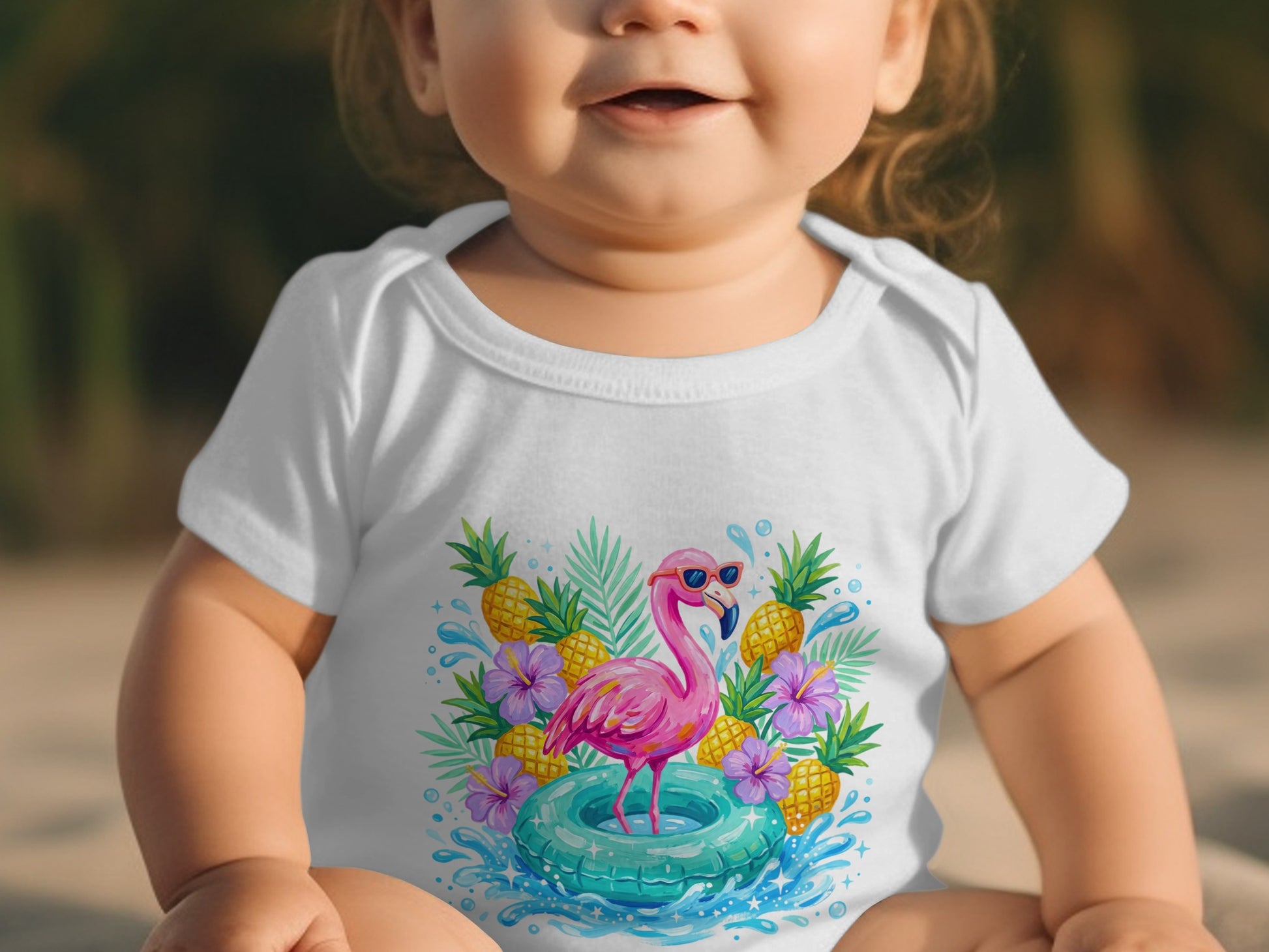 Baby wearing white onesie with a flamingo and pineapple print.