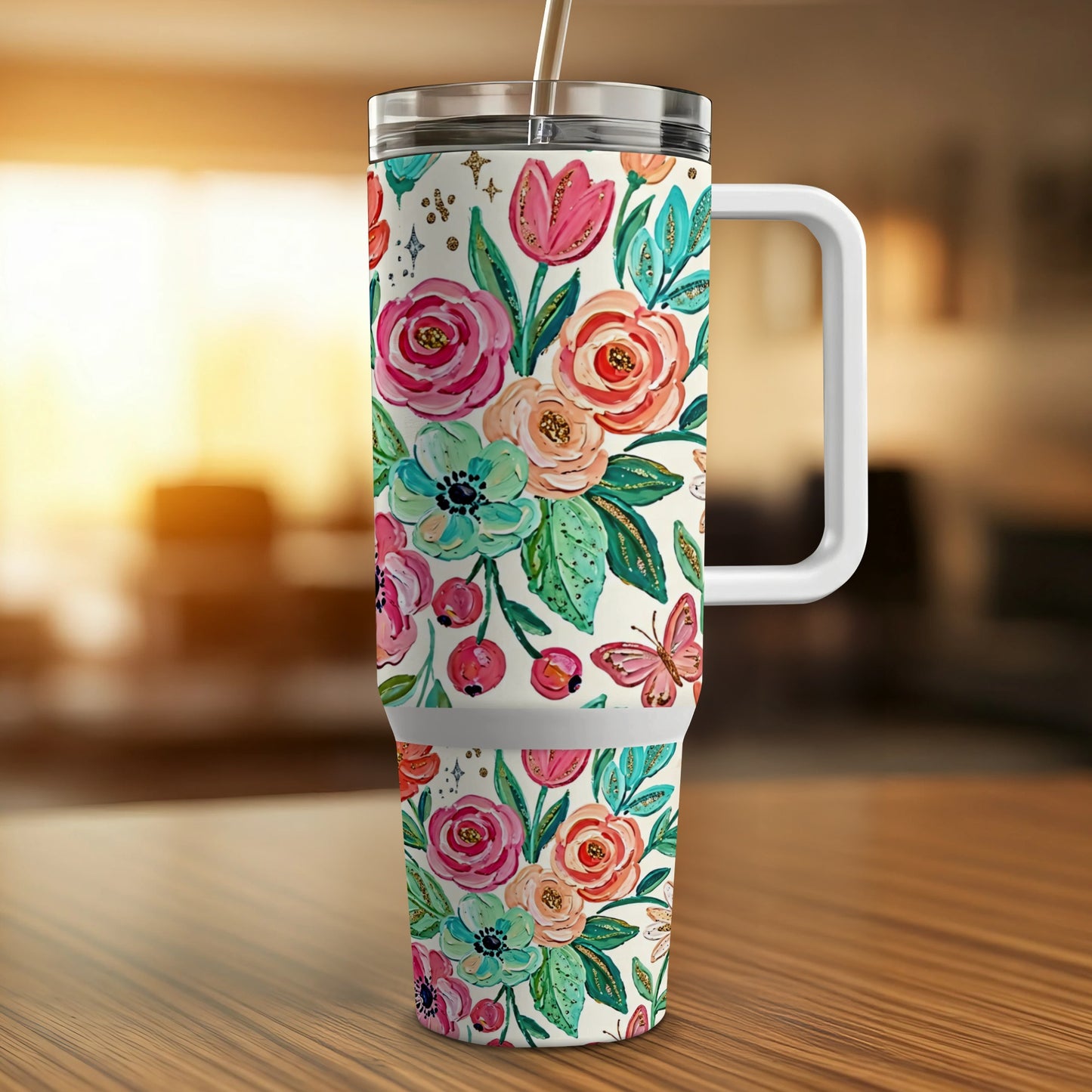 Floral patterned tumbler with handle and straw, set on a wooden surface.
