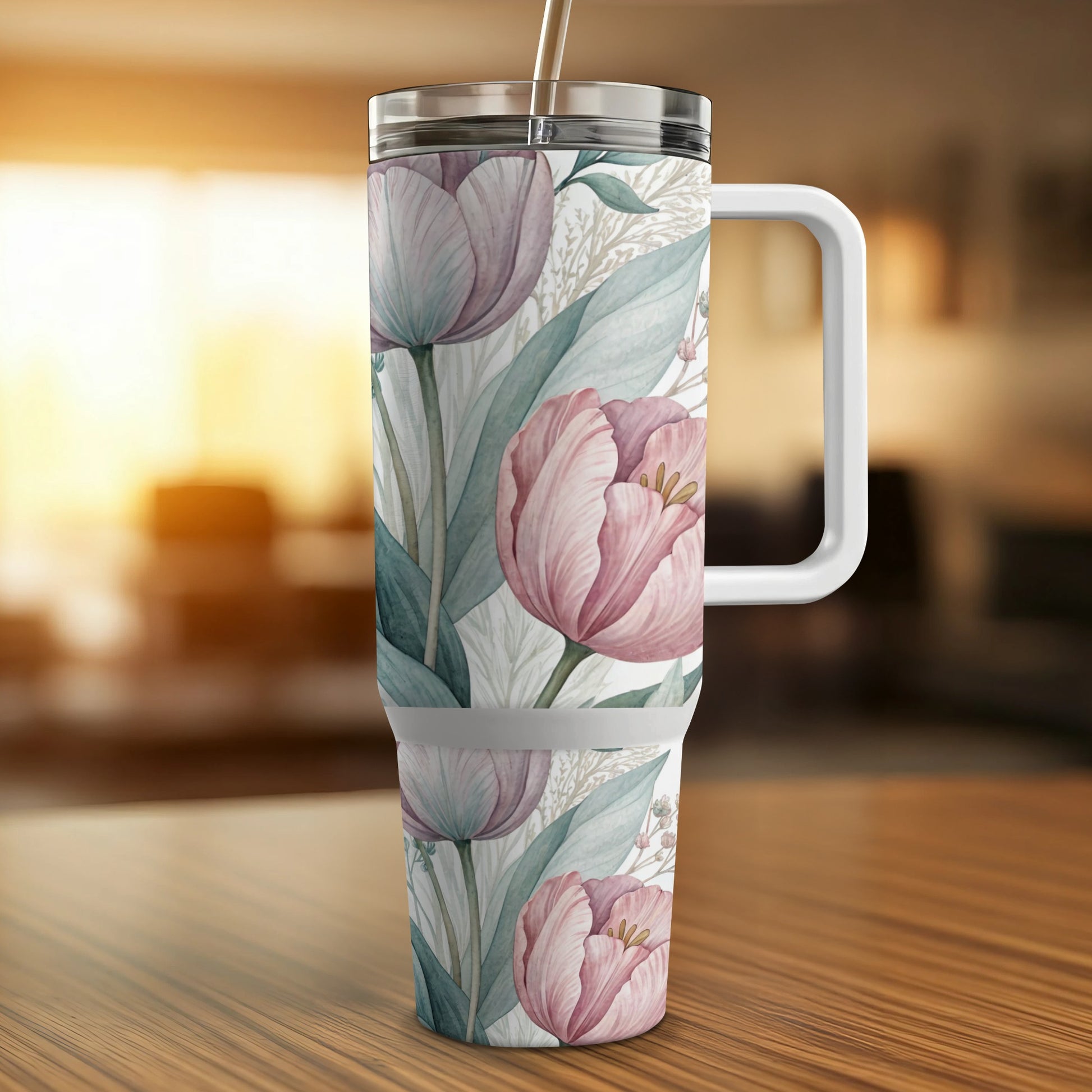 Floral tumbler with pink tulips and green leaves, featuring a white handle.