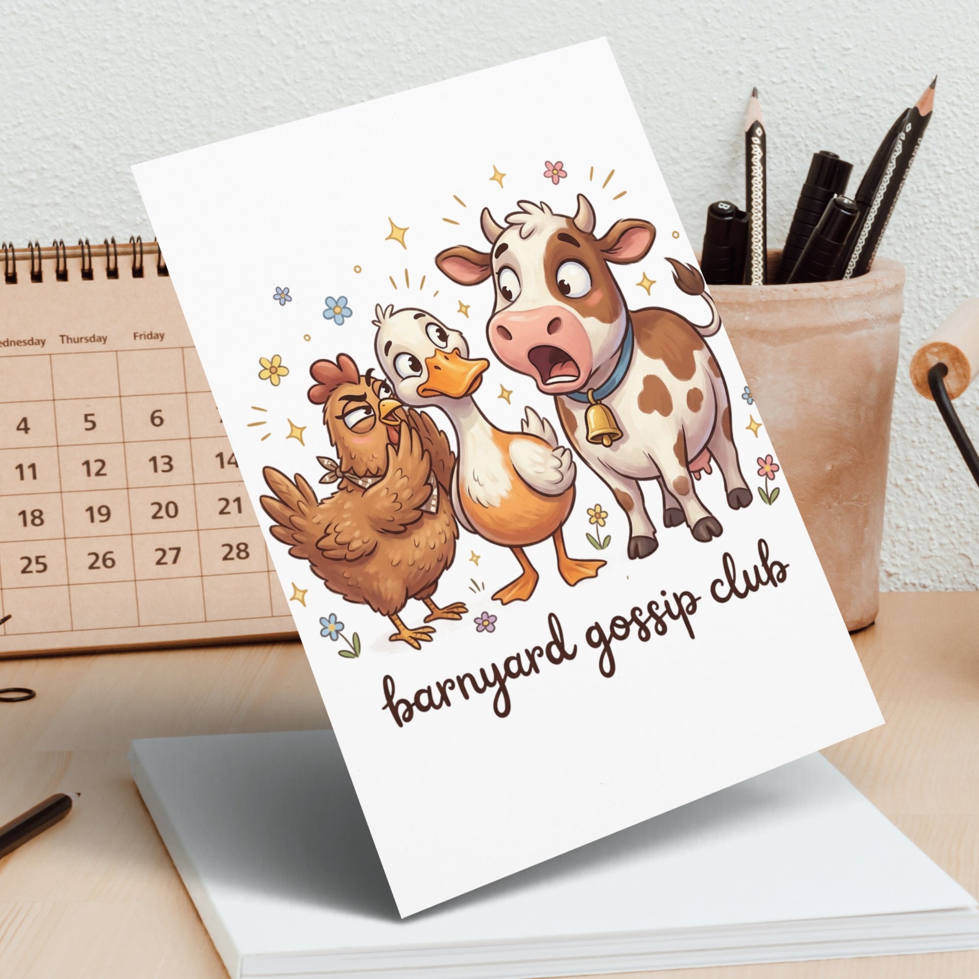 Card with cartoon cow, chicken, and duck, reading "barnyard gossip club."