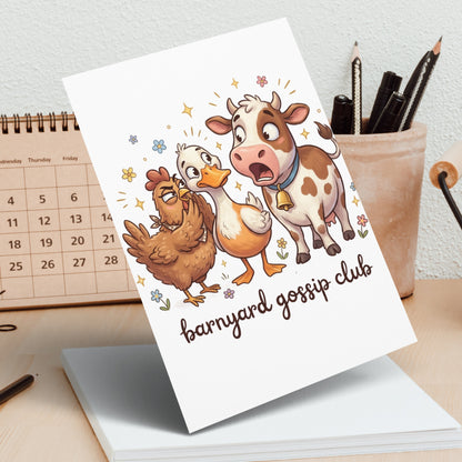 Card with cartoon cow, chicken, and duck, reading "barnyard gossip club."