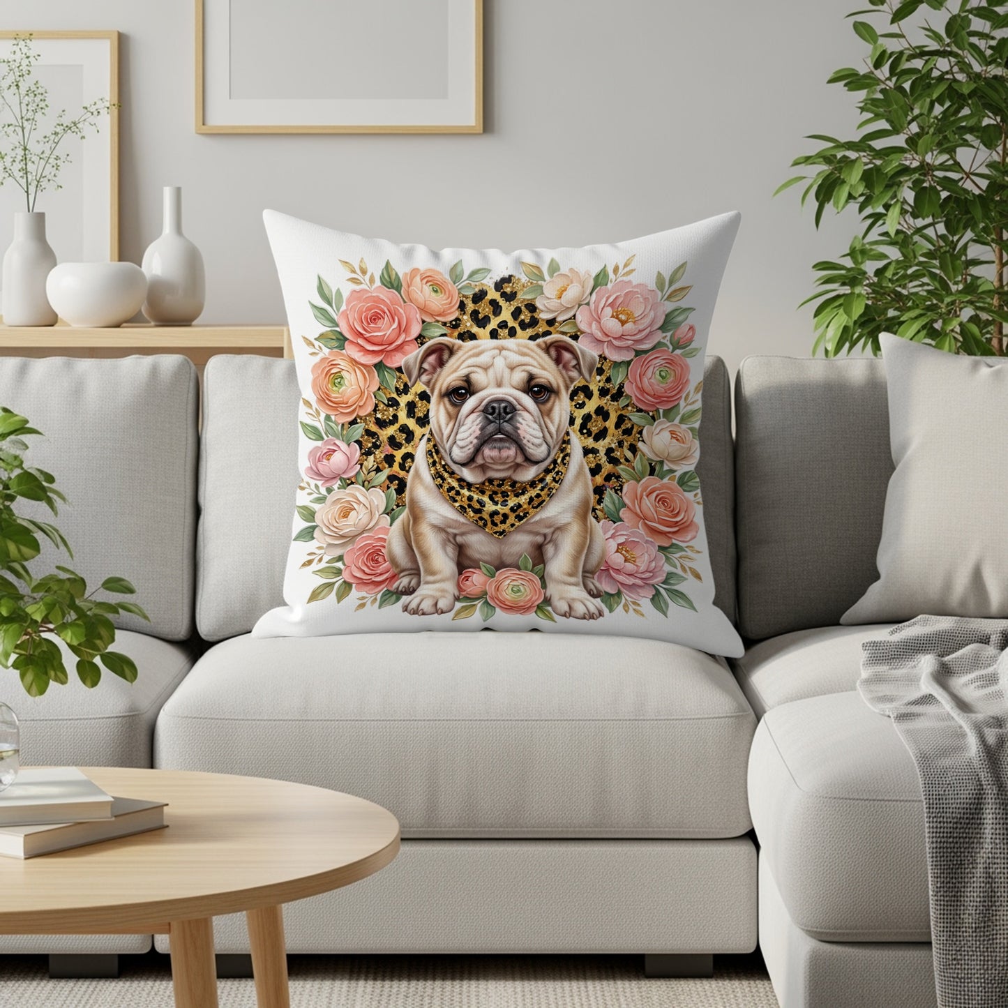 Bulldog wearing a leopard print bandana surrounded by roses.