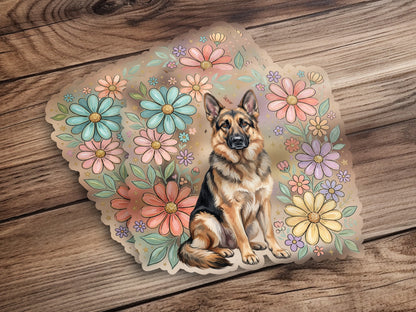 German Shepherd dog sitting among colorful, stylized flowers.