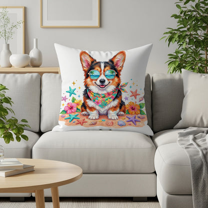 Corgi wearing sunglasses and bandana on beach, surrounded by shells and flowers.