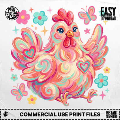 Pink and teal painted chicken with hearts and butterflies, easy download.