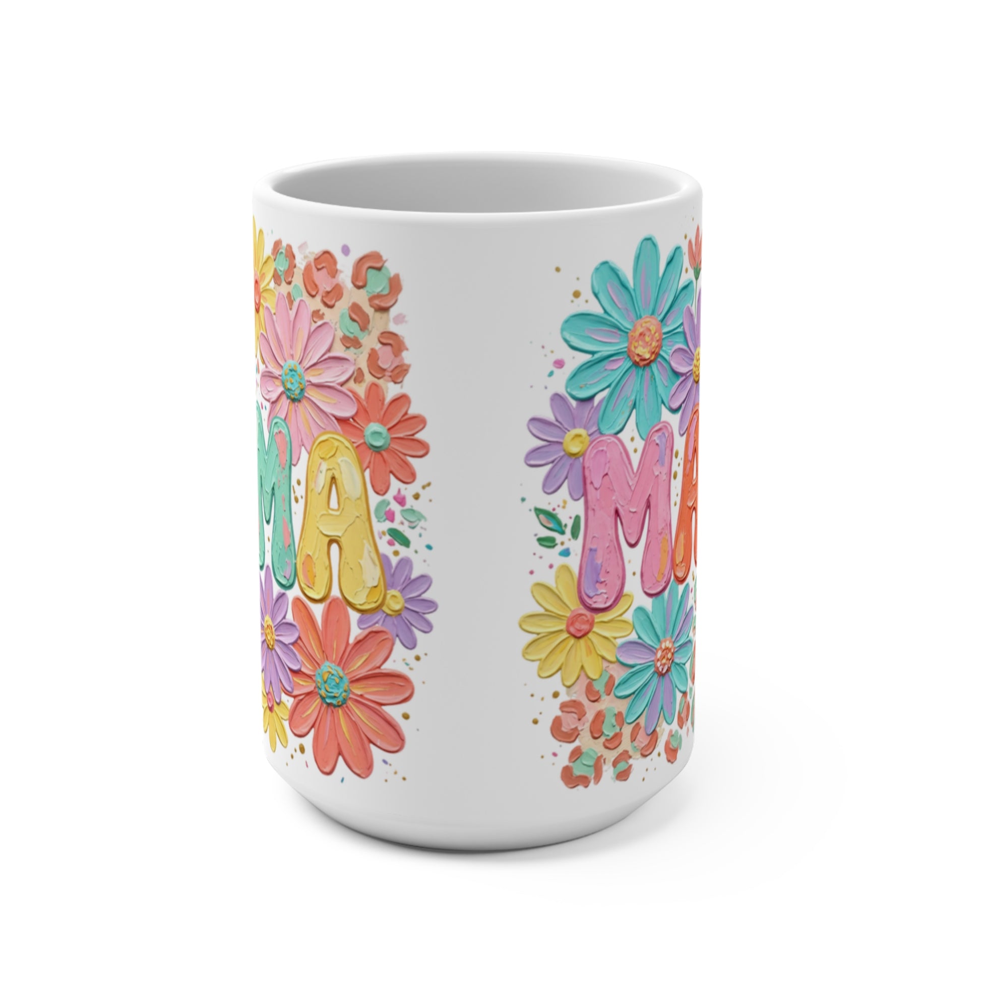 White mug with "MAMA" in colorful floral letters and leopard print accents.