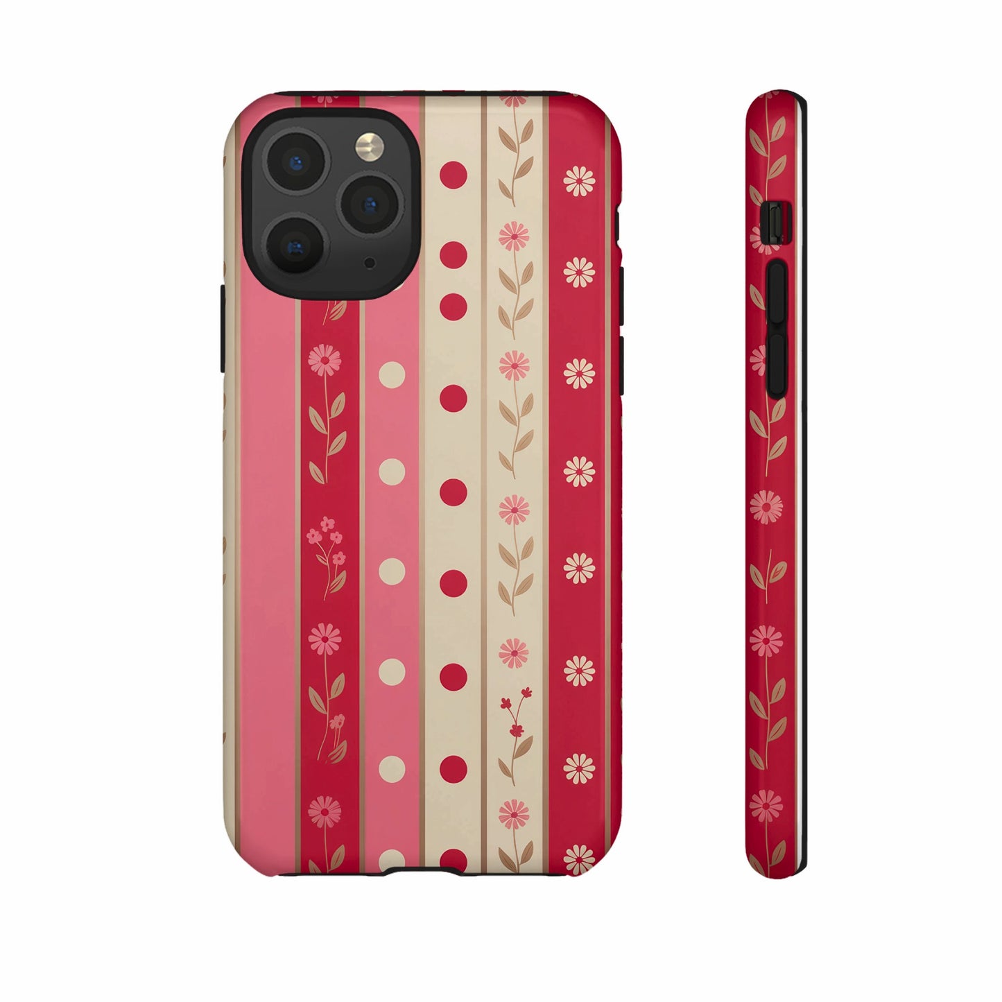 Pink, red, and cream striped phone case with small floral pattern.
