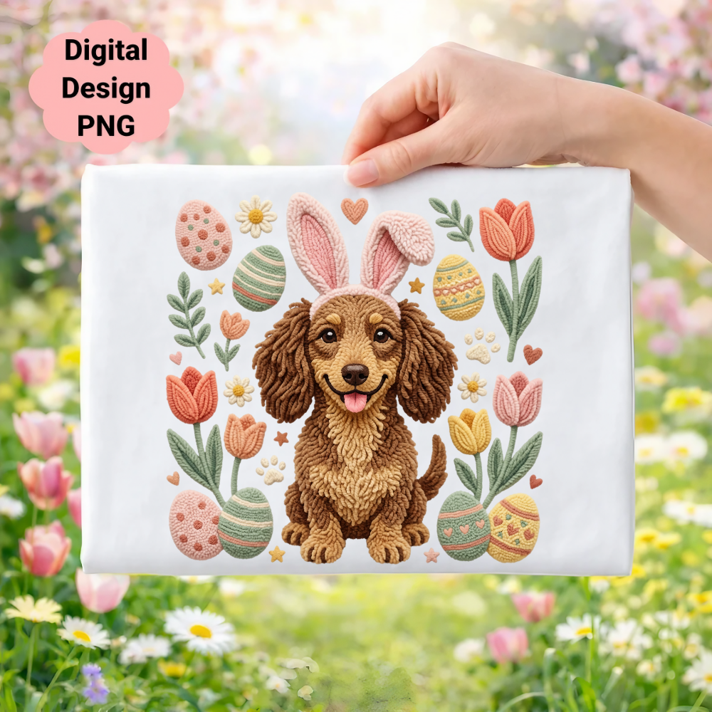 Dachshund with bunny ears surrounded by Easter eggs and tulips.