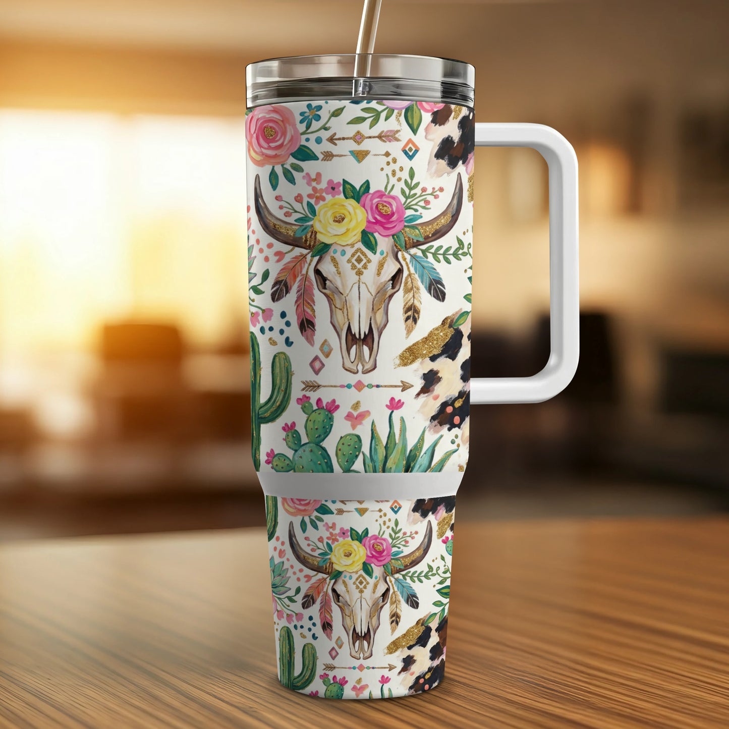 30oz tumbler with cow skull and floral desert pattern.