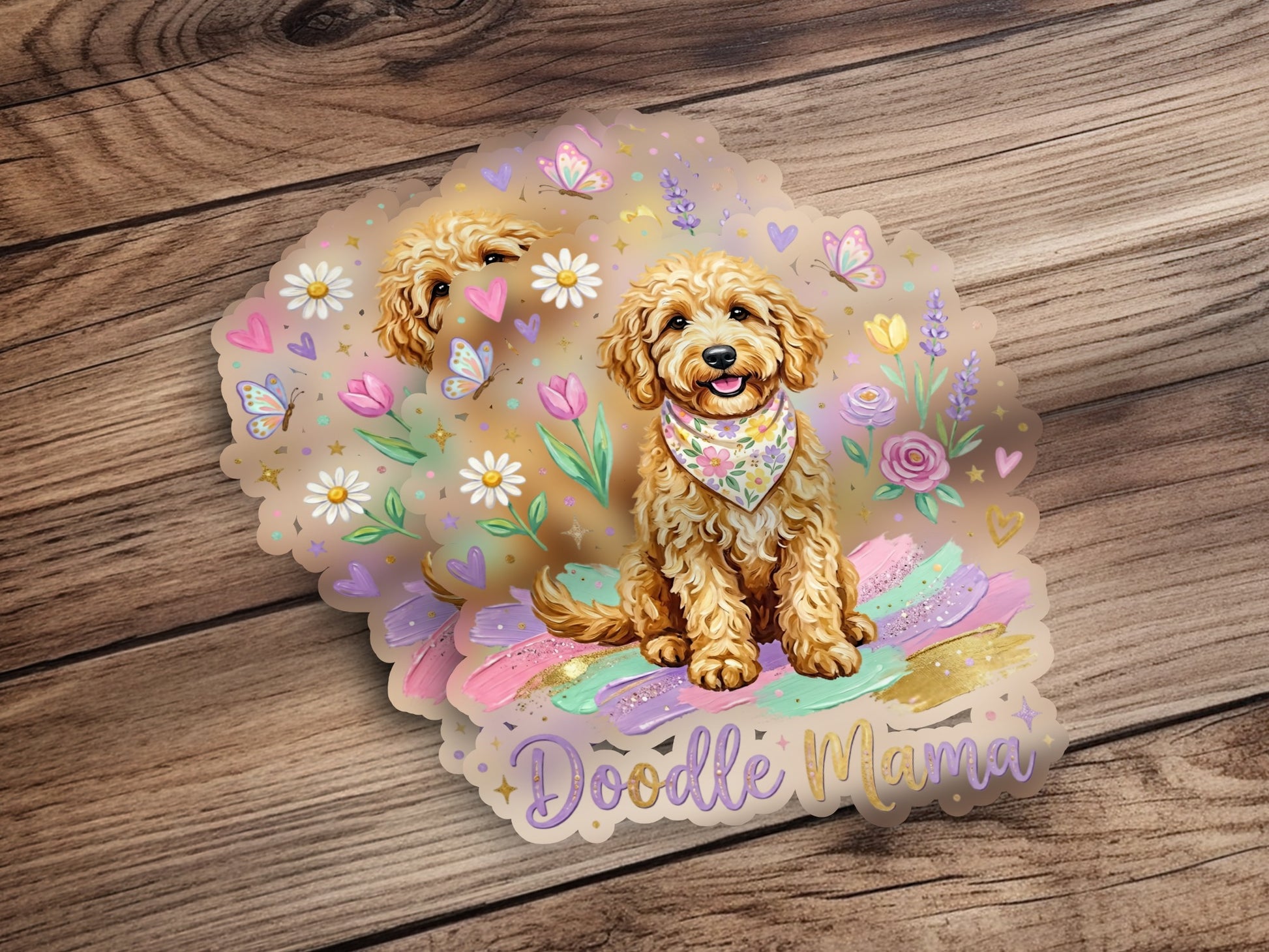 Golden doodle wearing a bandana sits among flowers and butterflies.