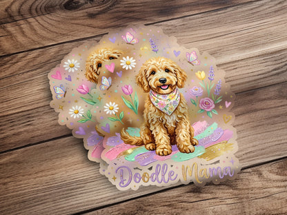 Golden doodle wearing a bandana sits among flowers and butterflies.
