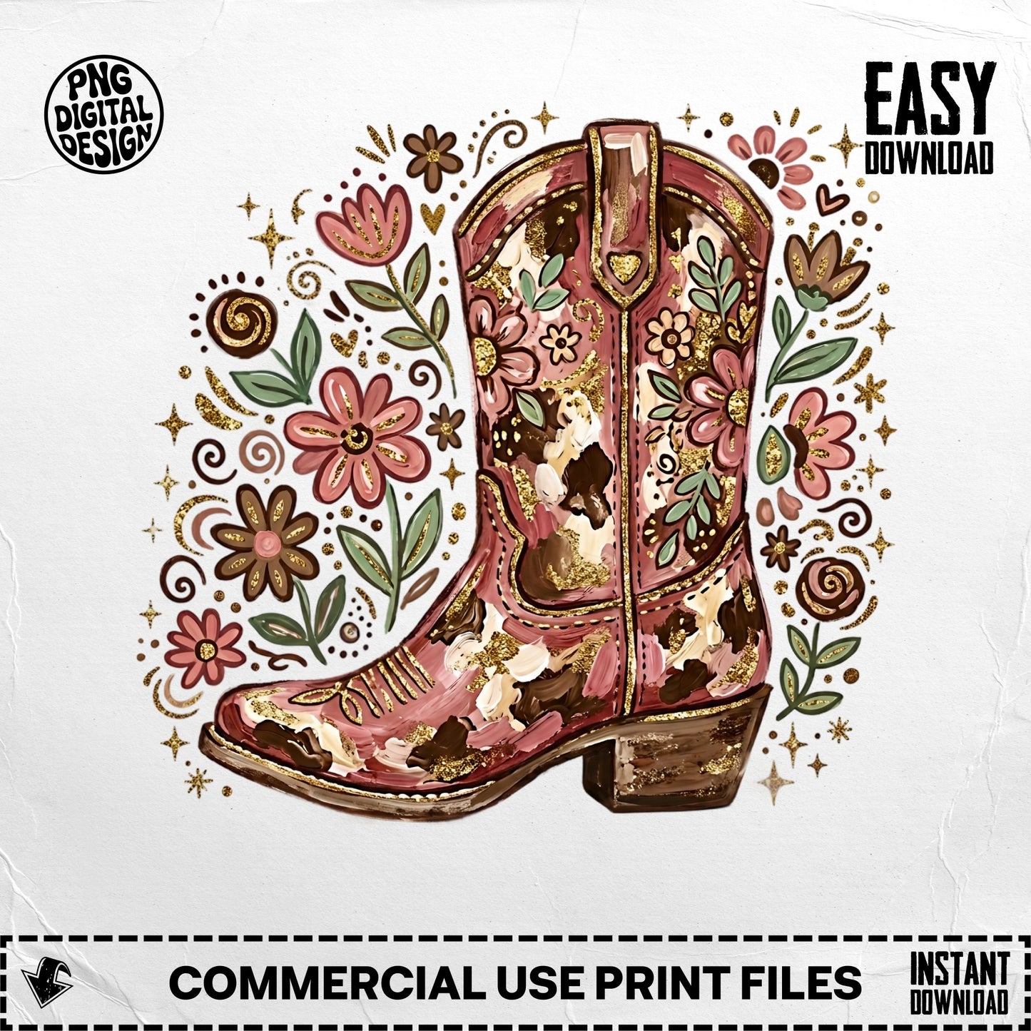 Pink cowboy boot with floral and glitter details, "Easy Download" text.