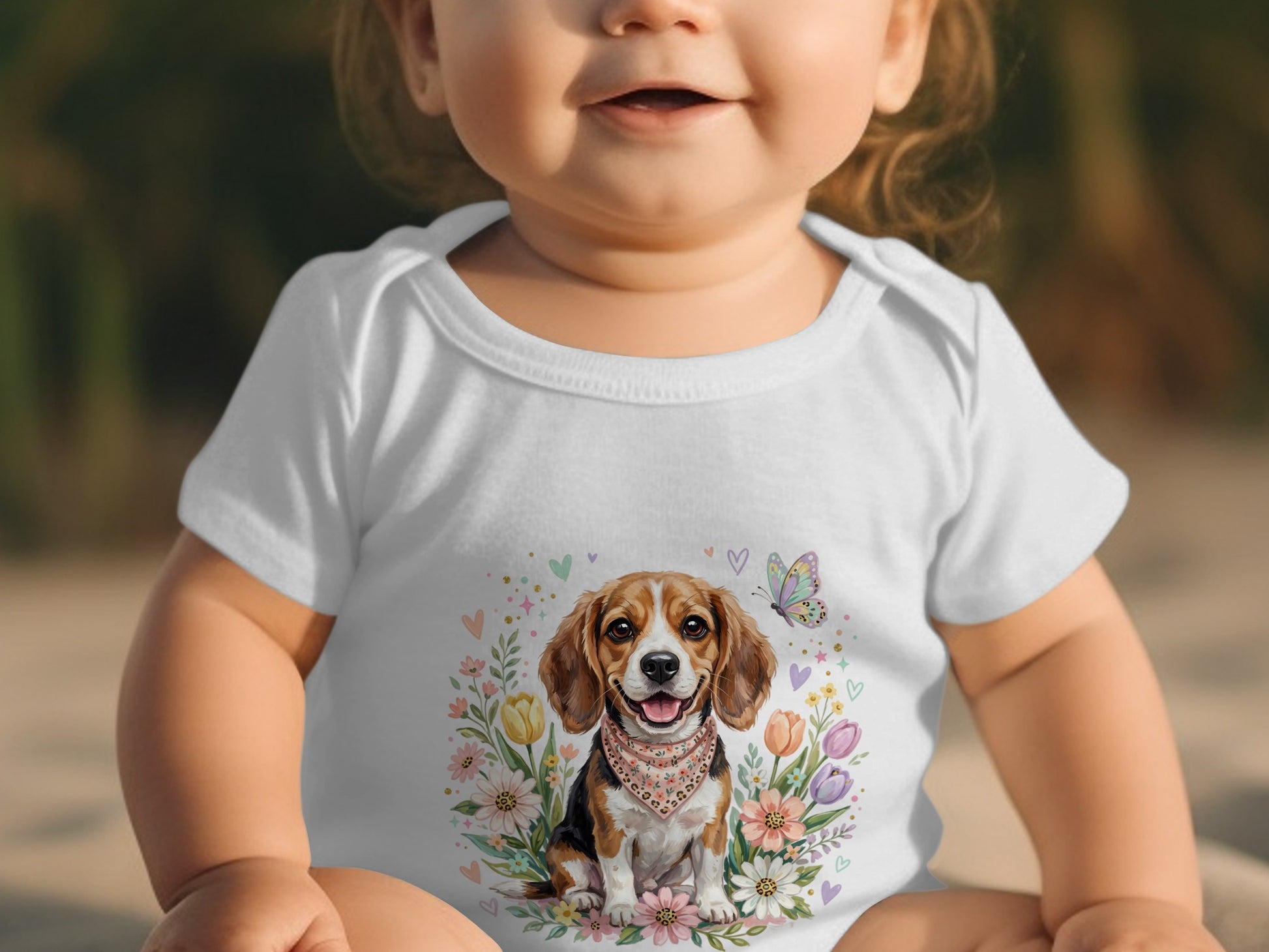 White baby onesie with a beagle and floral design.