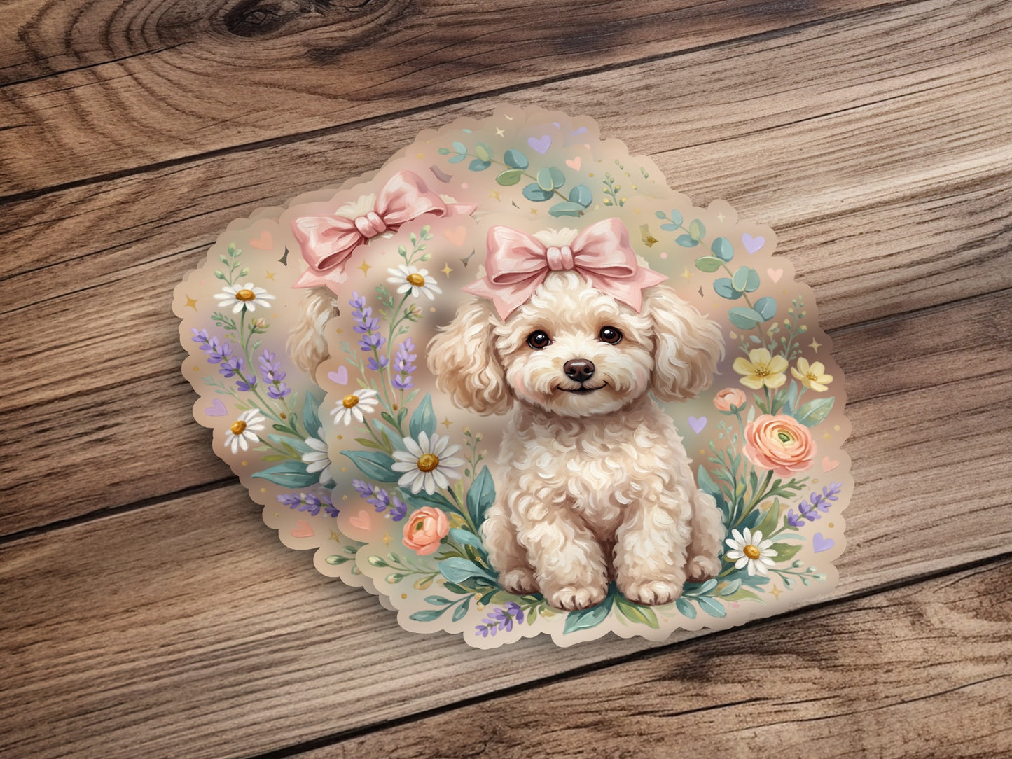Fluffy white poodle with pink bows surrounded by flowers and hearts.