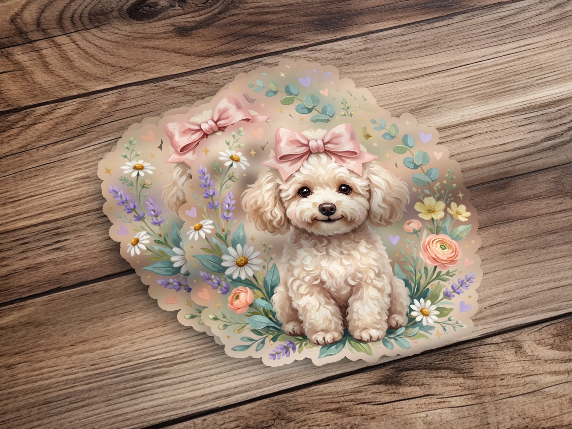 Fluffy white poodle with pink bows surrounded by flowers and hearts.