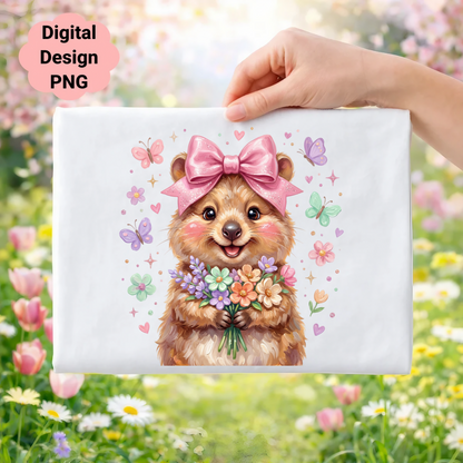 Quokka holding a bouquet of flowers, surrounded by butterflies.