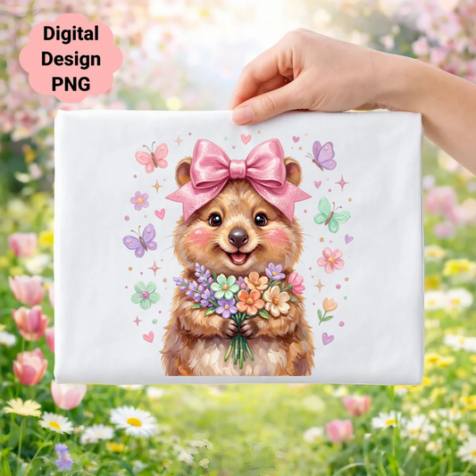 Quokka holding a bouquet of flowers, surrounded by butterflies.