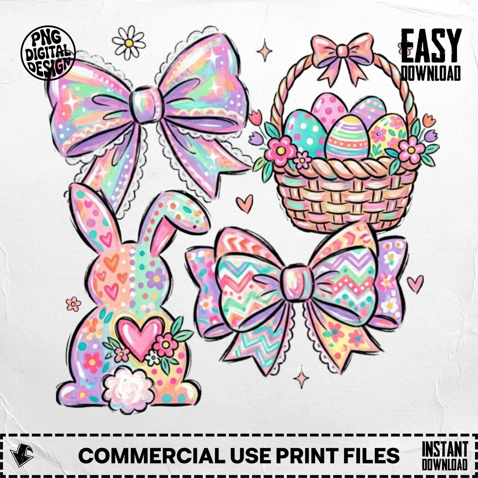 Easter clipart with bunny, basket of eggs, and bows.