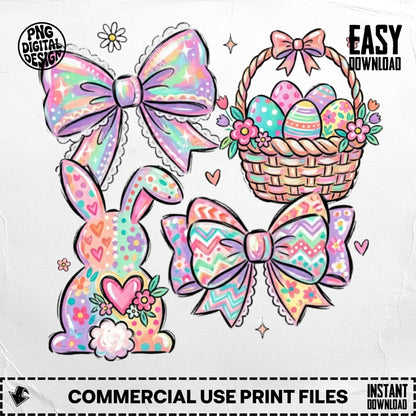 Easter clipart with bunny, basket of eggs, and bows.
