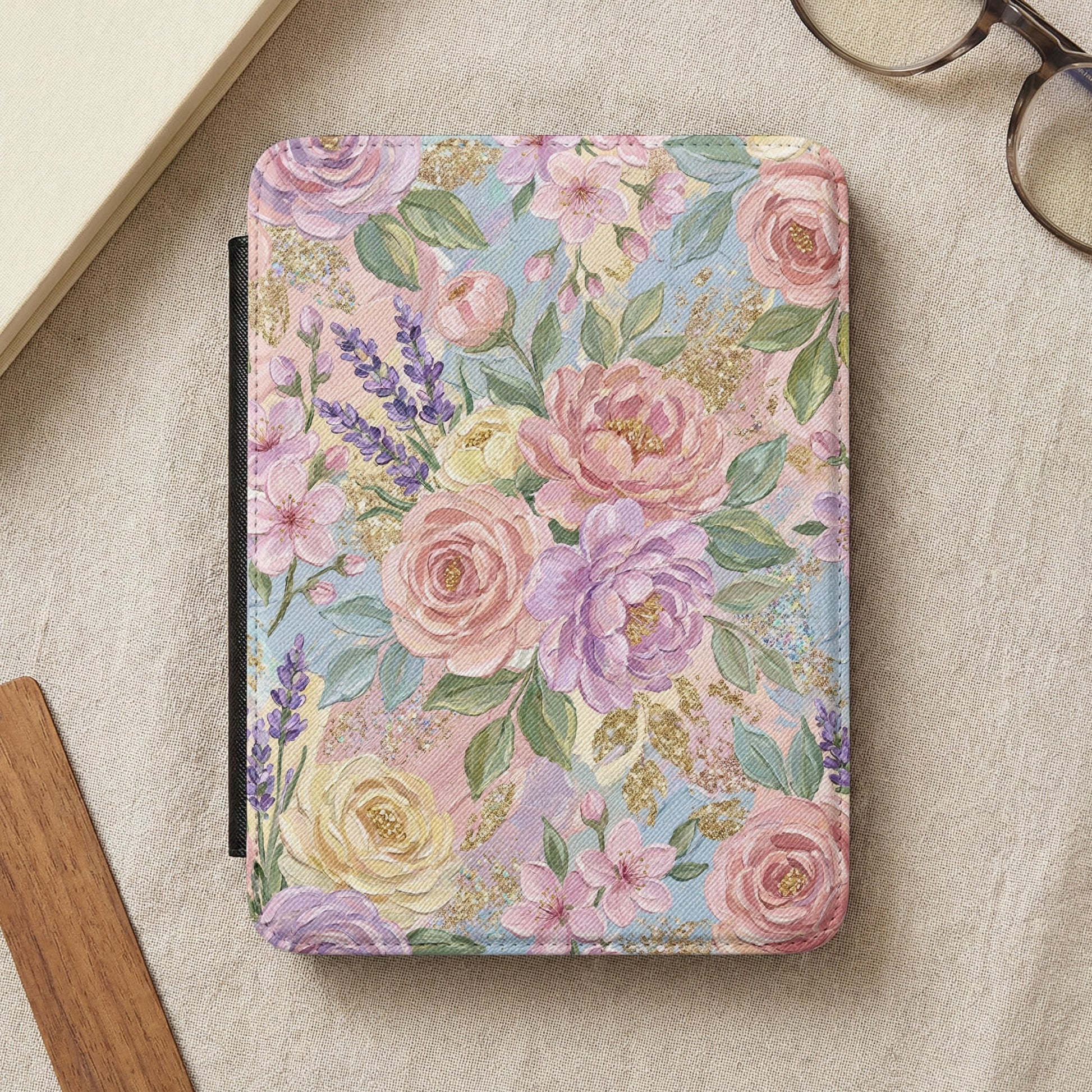 Floral print Kindle cover with roses, lavender, and gold glitter accents.