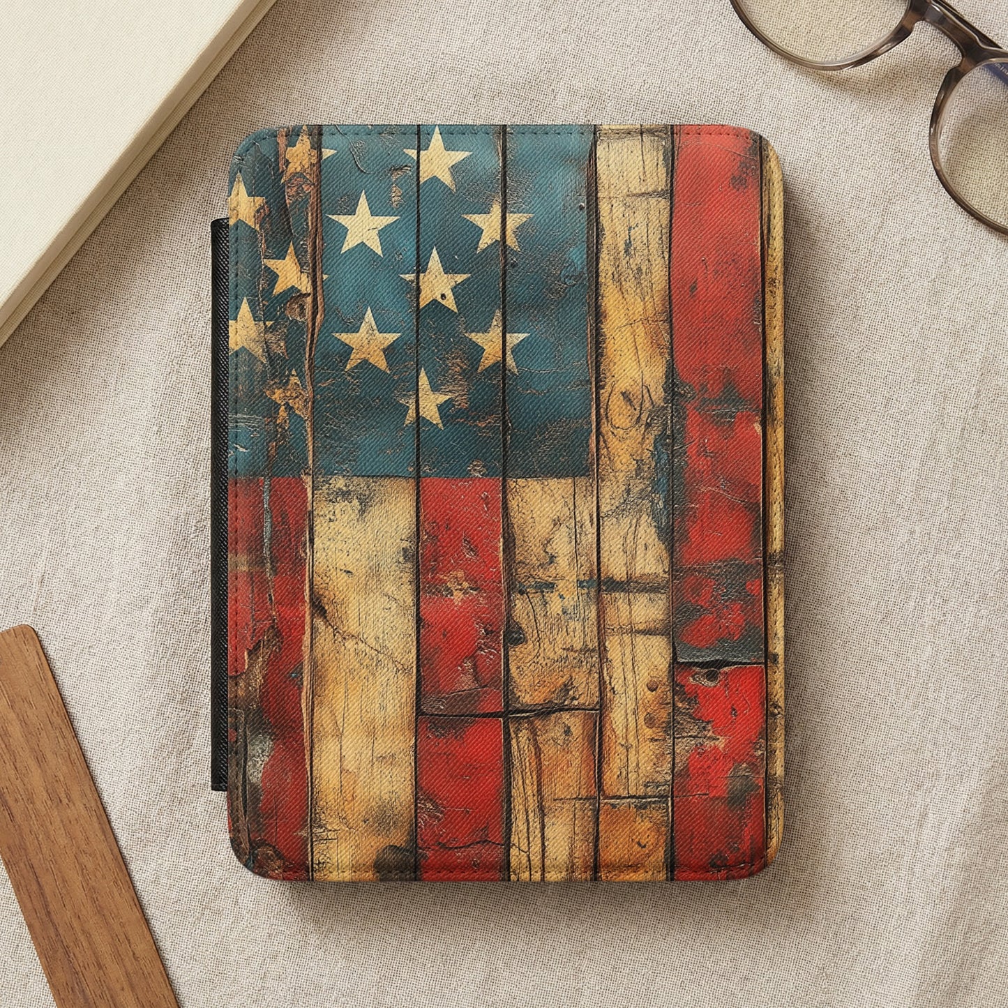 Rustic American flag design on a textured e-reader case.
