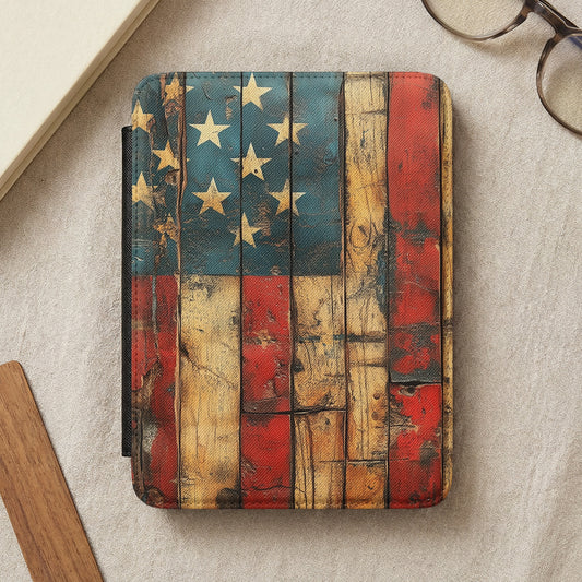 Rustic American flag design on a textured e-reader case.