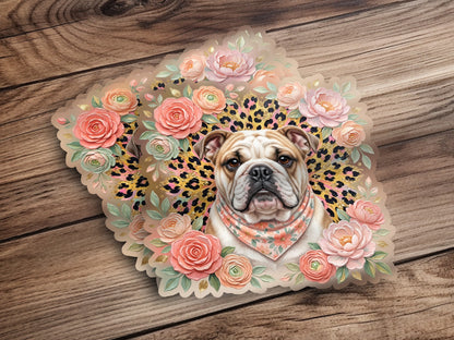 Bulldog in floral wreath with leopard print accent and bandana.