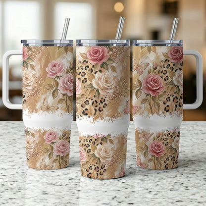 Three tumblers with floral and leopard print designs, featuring roses and butterflies.