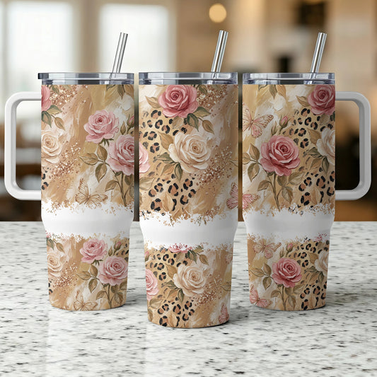 Three tumblers with floral and leopard print designs, featuring roses and butterflies.
