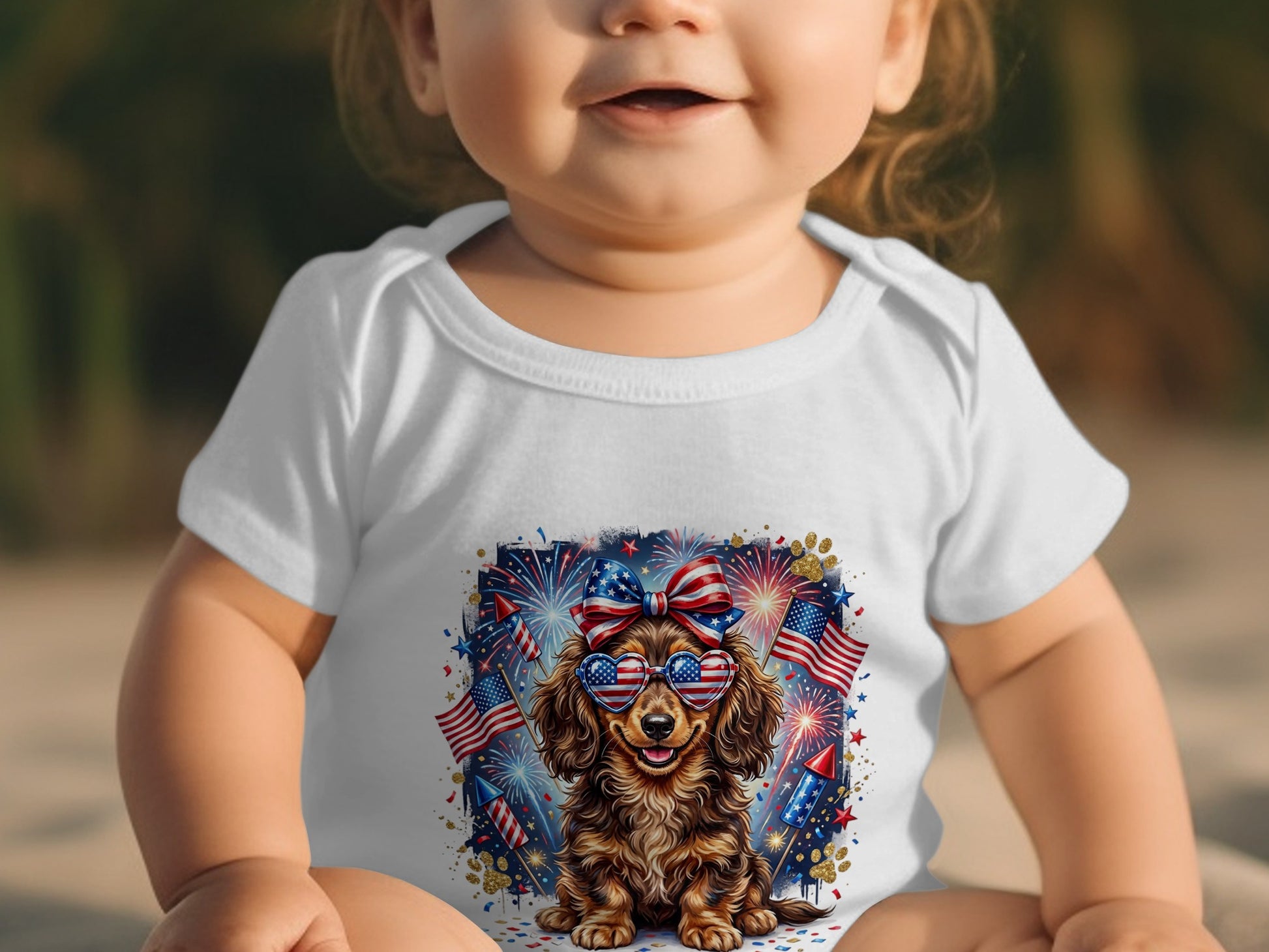 Baby in white bodysuit with patriotic dog and fireworks graphic.