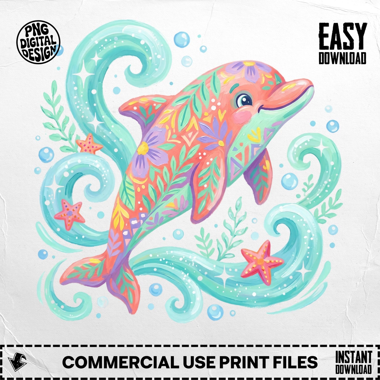 Colorful, patterned dolphin illustration with swirling water and starfish.