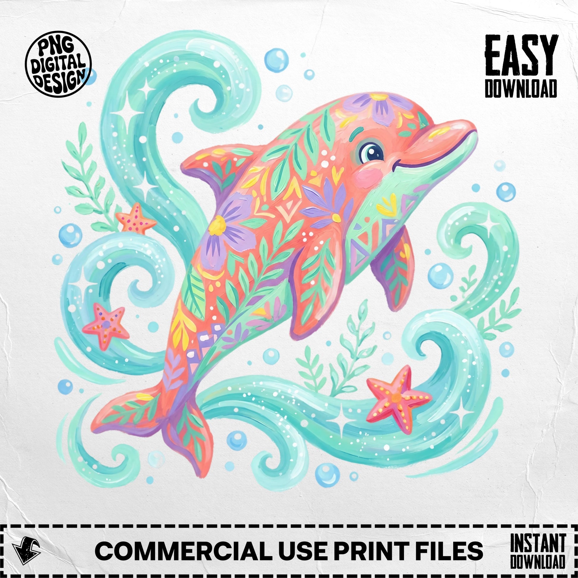 Colorful, patterned dolphin illustration with swirling water and starfish.