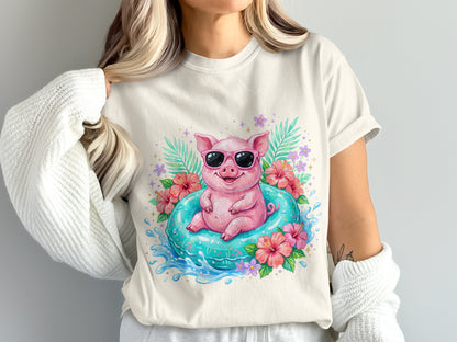 Cartoon pig in sunglasses floats in a pool with flowers.