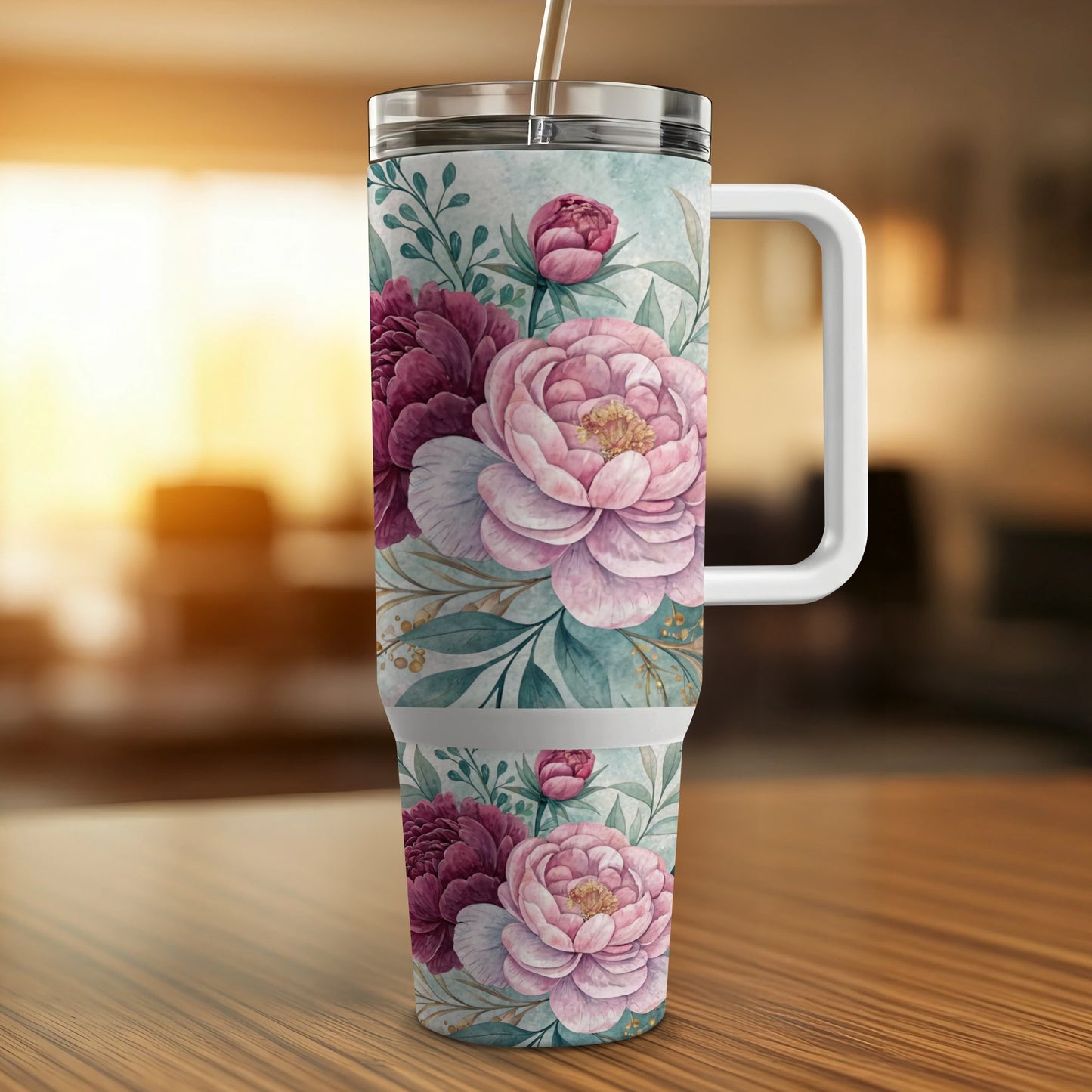 Floral tumbler with handle featuring pink and purple peonies and green leaves.