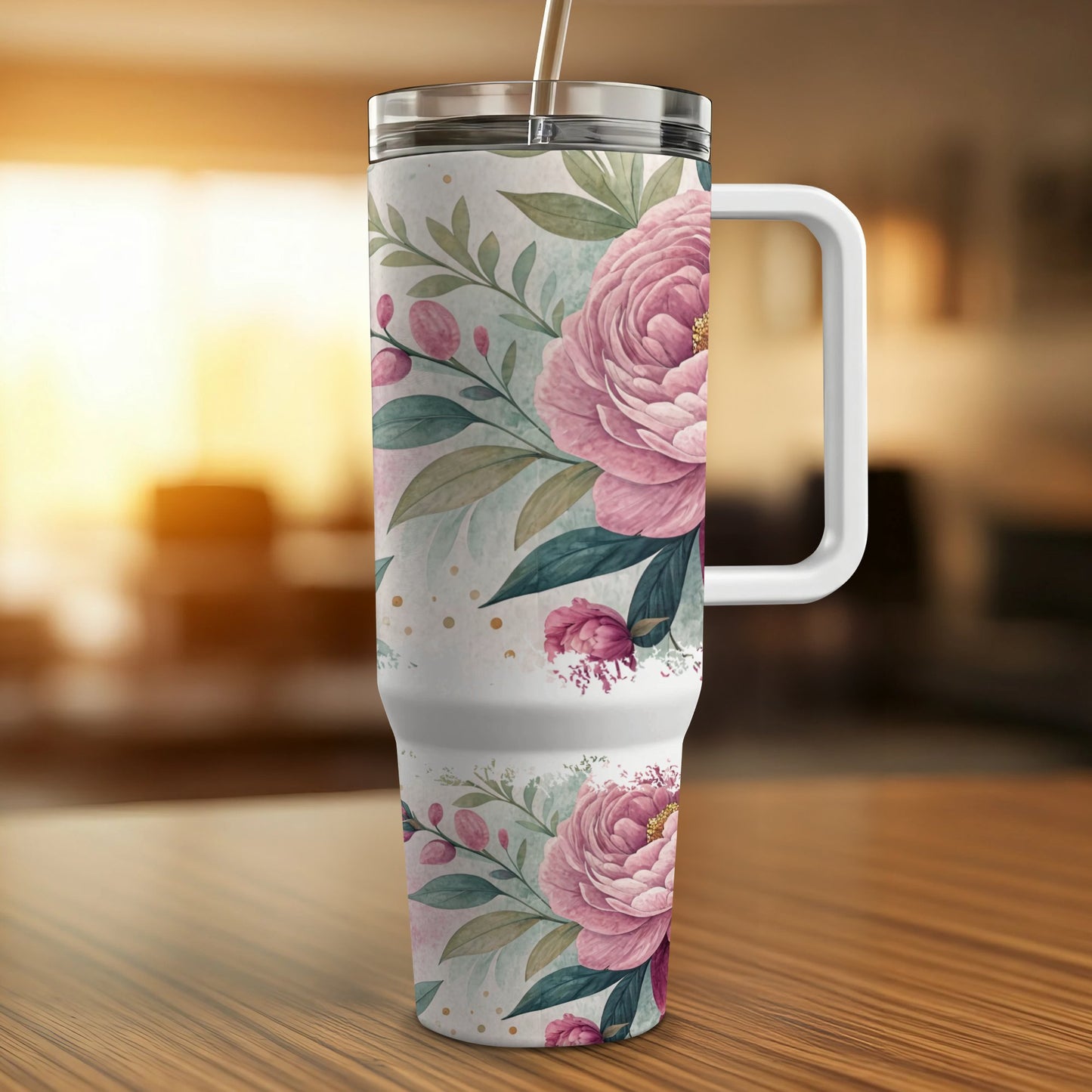 White tumbler with pink floral pattern and handle.