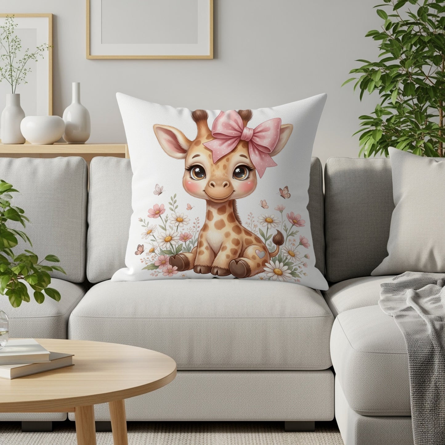 Cute baby giraffe with pink bow sitting among flowers.