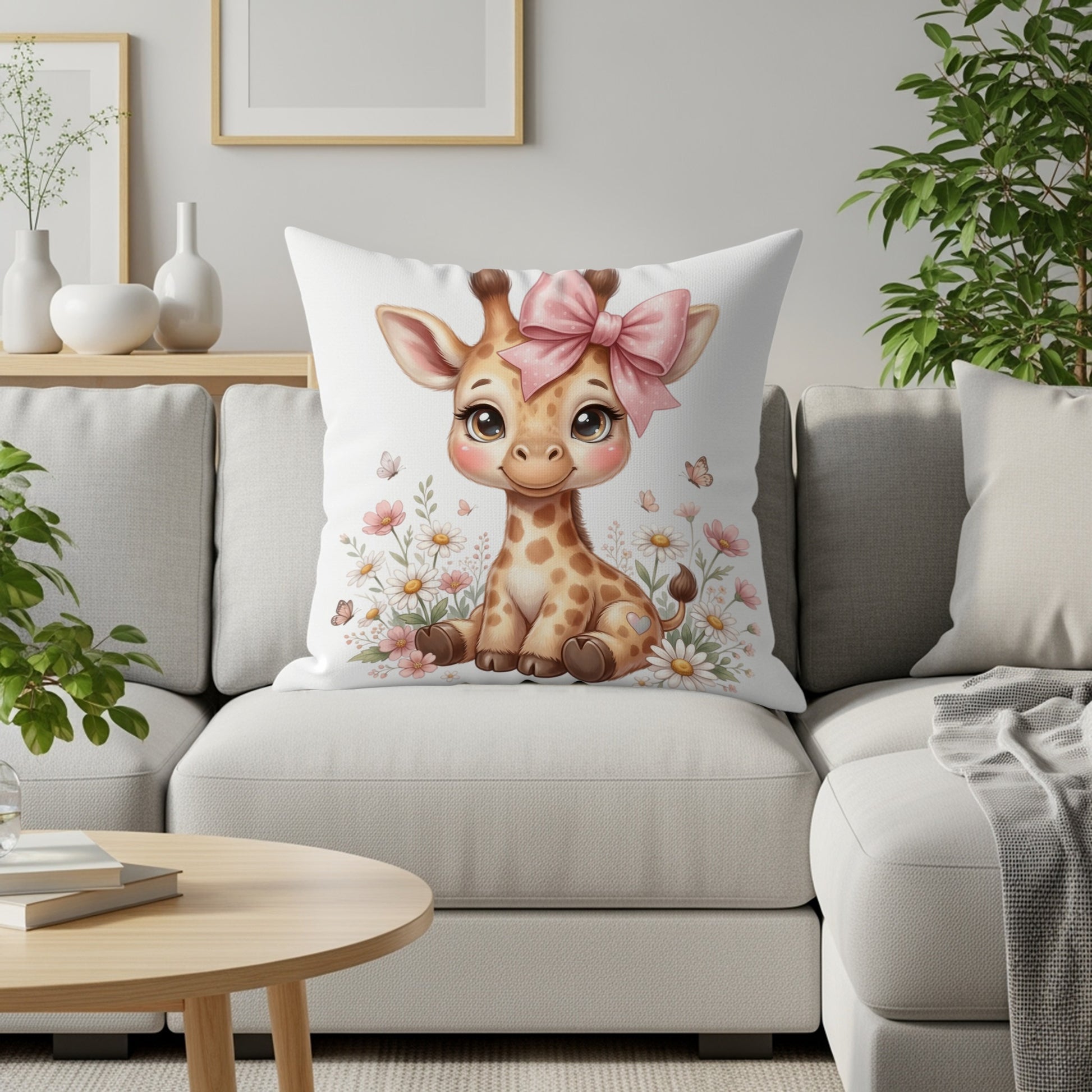 Cute baby giraffe with pink bow sitting among flowers.