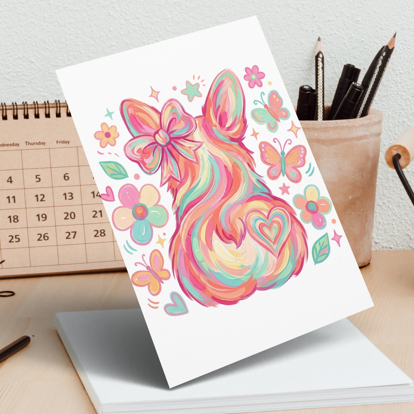 Colorful, abstract dog illustration with bow and butterflies on white card.
