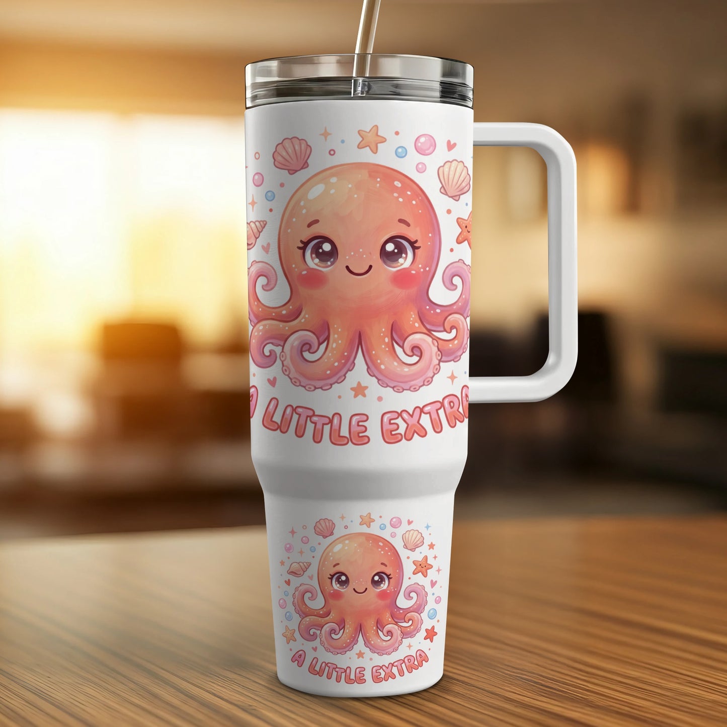 White tumbler with handle featuring an orange octopus design and "A LITTLE EXTRA" text.