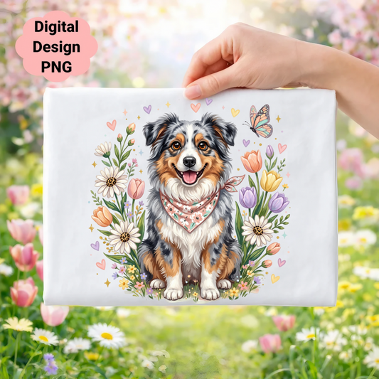 Australian Shepherd dog with bandana surrounded by flowers and butterflies.
