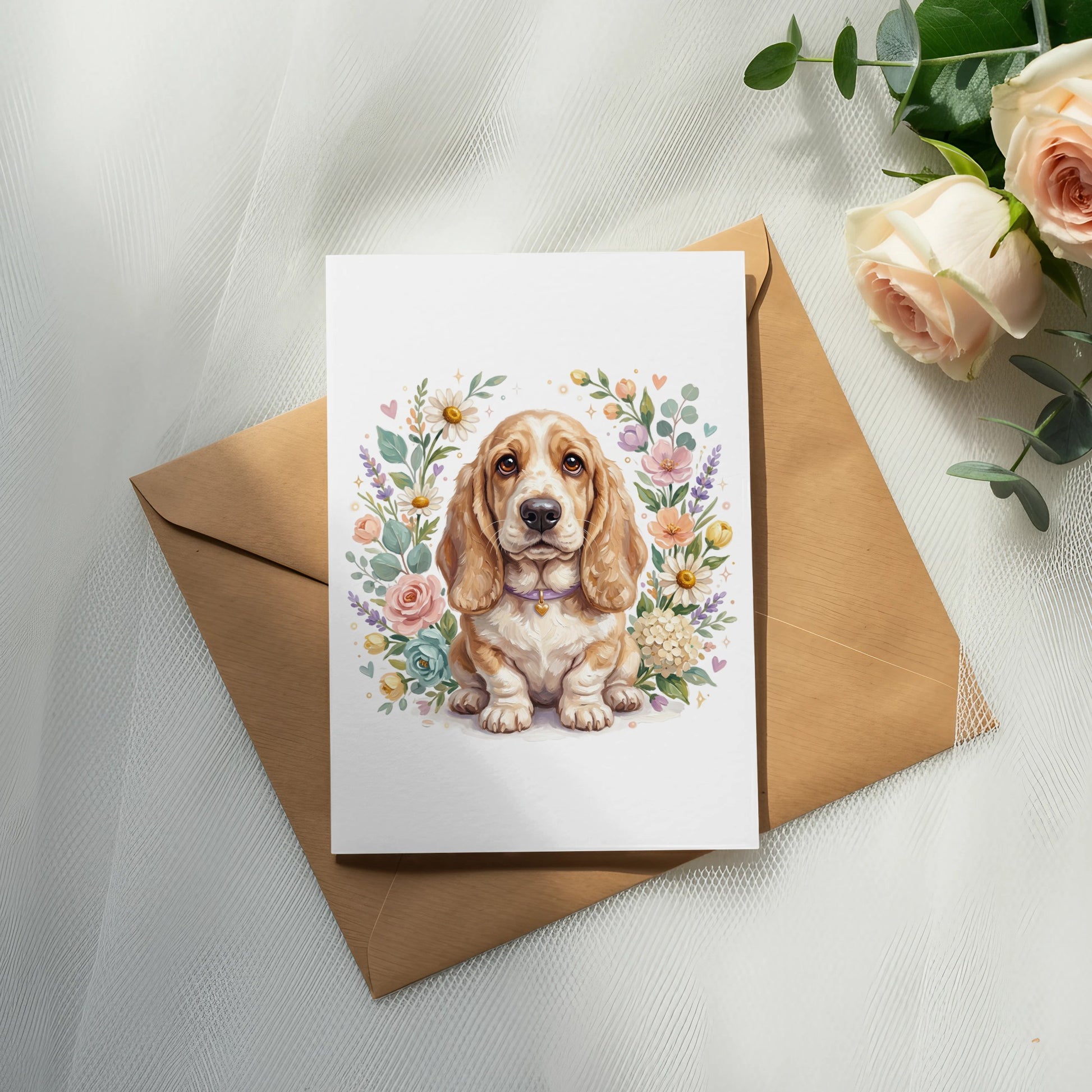 Basset Hound puppy sits on an envelope surrounded by flowers.